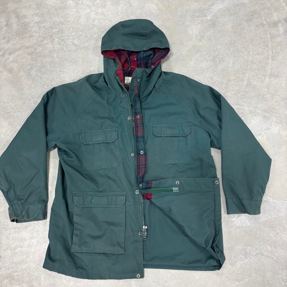 Fieldmaster Green Plaid Wool Lined Hooded Rain Jacket Mens XL Chore Barn Winter